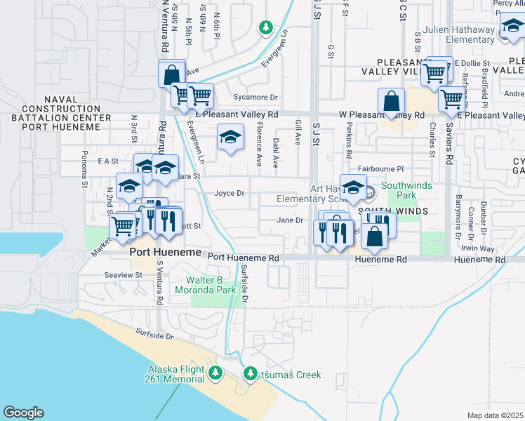 map of restaurants, bars, coffee shops, grocery stores, and more near 730 Myrna Drive in Port Hueneme