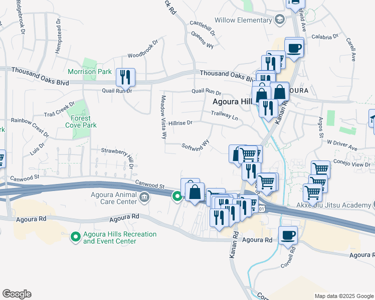 map of restaurants, bars, coffee shops, grocery stores, and more near 5458 Softwind Way in Agoura Hills