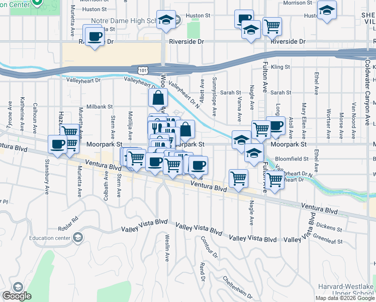 map of restaurants, bars, coffee shops, grocery stores, and more near 4360 Ventura Canyon Avenue in Los Angeles