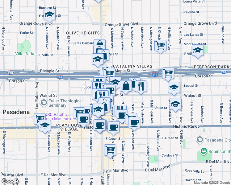 map of restaurants, bars, coffee shops, grocery stores, and more near 955 Locust Street in Pasadena