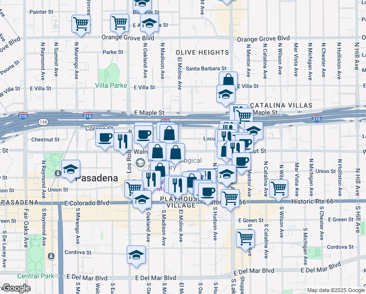 map of restaurants, bars, coffee shops, grocery stores, and more near 218 North El Molino Avenue in Pasadena