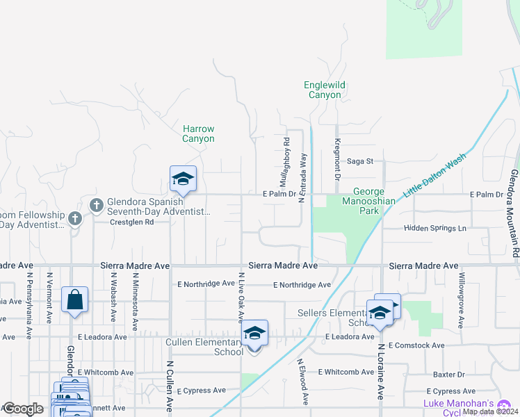 map of restaurants, bars, coffee shops, grocery stores, and more near 734 East Calabria Drive in Glendora