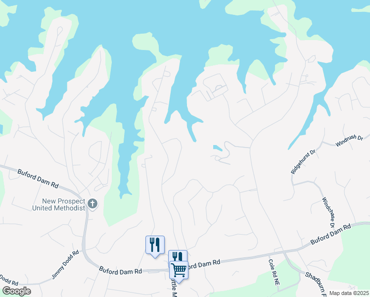 map of restaurants, bars, coffee shops, grocery stores, and more near 5995 Lanier Heights Circle in Buford