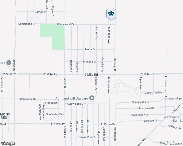 map of restaurants, bars, coffee shops, grocery stores, and more near 5689 Abronia Avenue in Twentynine Palms