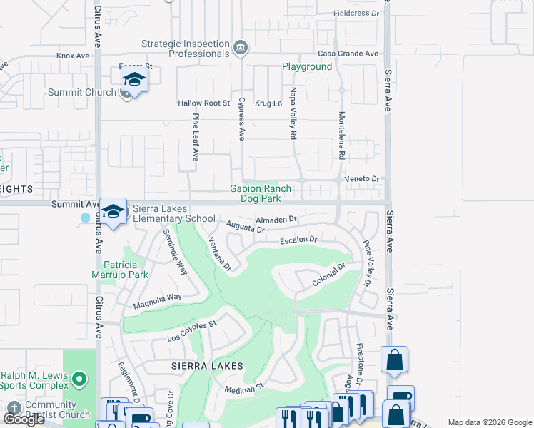 map of restaurants, bars, coffee shops, grocery stores, and more near 5713 Hacienda Court in Fontana