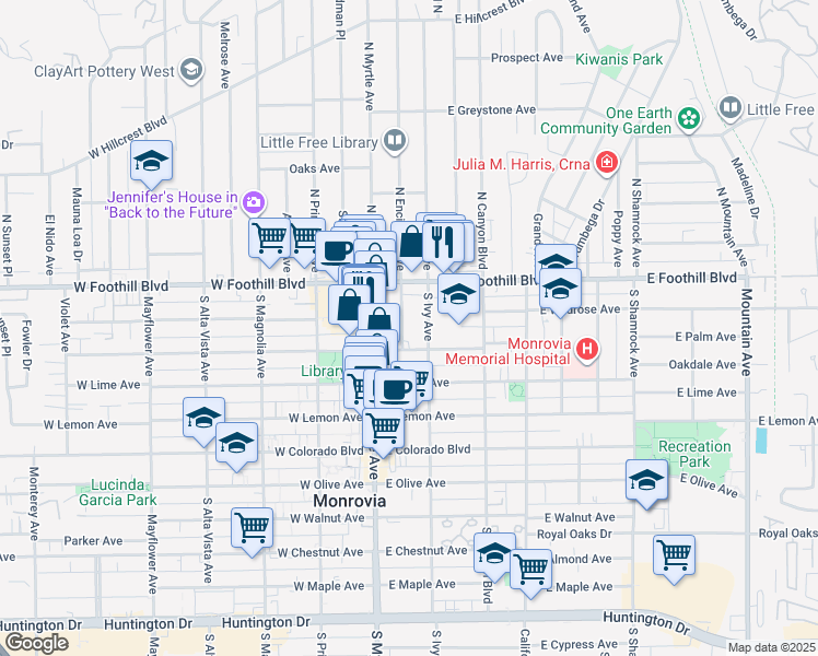 map of restaurants, bars, coffee shops, grocery stores, and more near 123 South Ivy Avenue in Monrovia