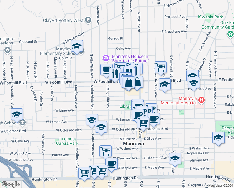 map of restaurants, bars, coffee shops, grocery stores, and more near 211 Linwood Avenue in Monrovia