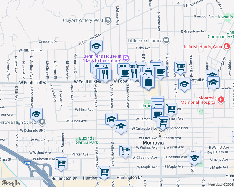 map of restaurants, bars, coffee shops, grocery stores, and more near 334 Linwood Avenue in Monrovia