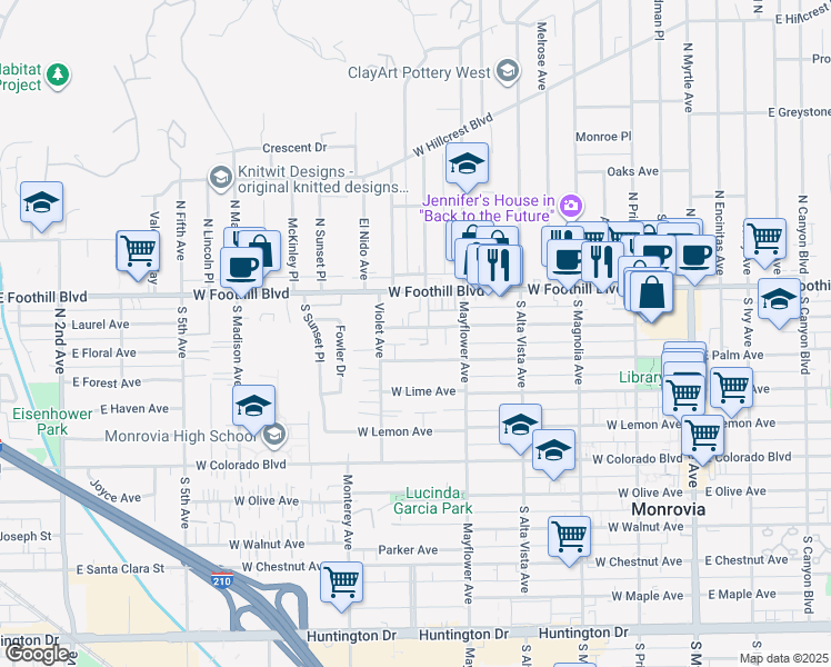 map of restaurants, bars, coffee shops, grocery stores, and more near 541 Linwood Avenue in Monrovia