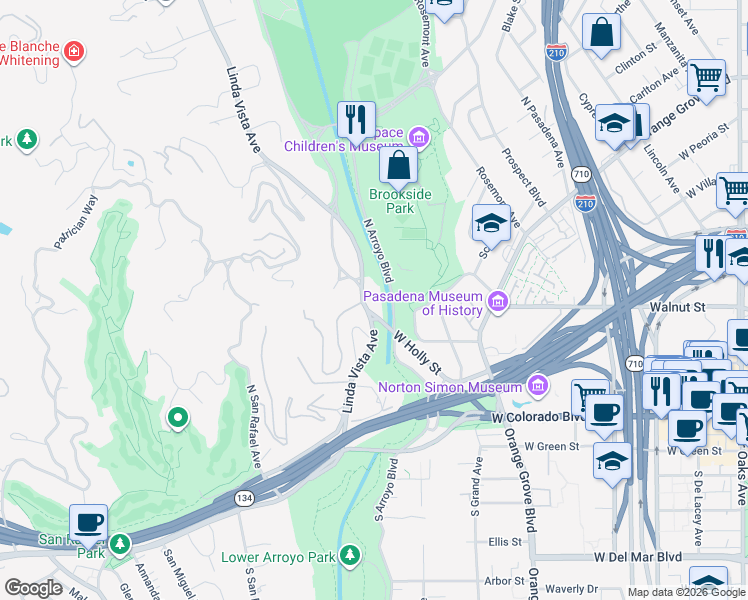 map of restaurants, bars, coffee shops, grocery stores, and more near 307 Mira Vista Terrace in Pasadena