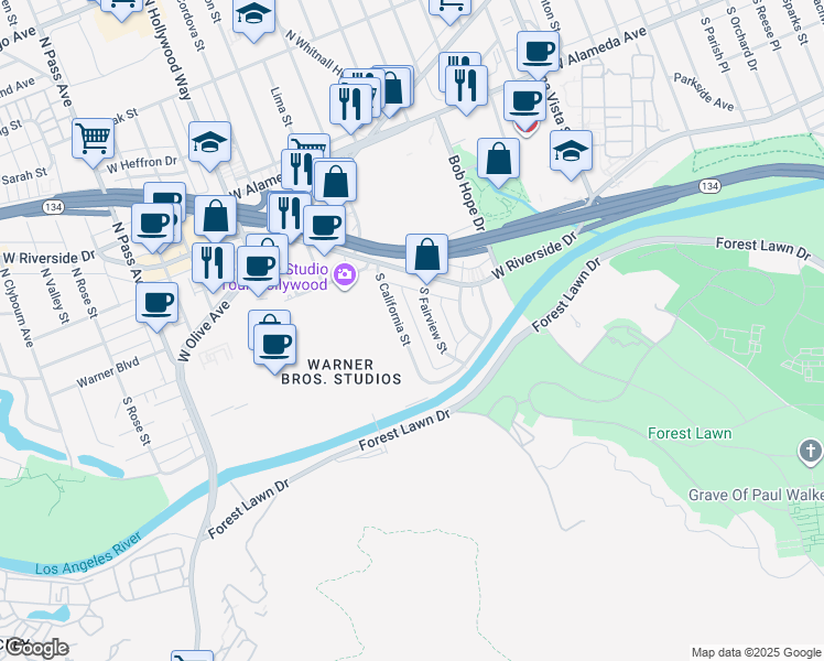 map of restaurants, bars, coffee shops, grocery stores, and more near 348 South California Street in Burbank