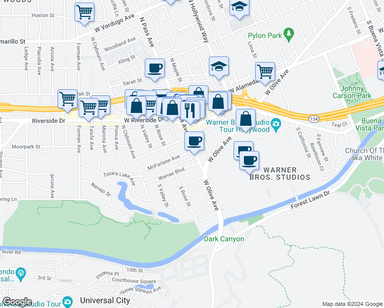map of restaurants, bars, coffee shops, grocery stores, and more near 4110 West National Avenue in Burbank