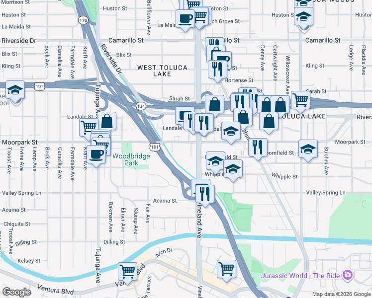map of restaurants, bars, coffee shops, grocery stores, and more near 4404 Ensign Avenue in Los Angeles