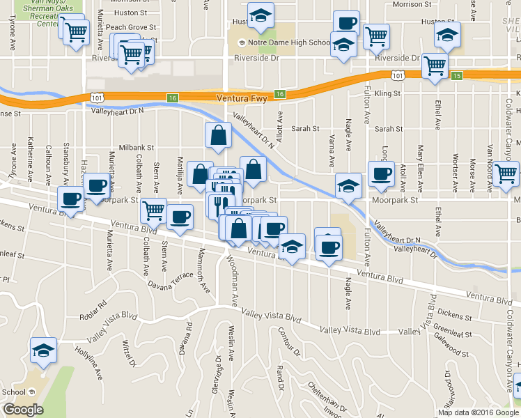 map of restaurants, bars, coffee shops, grocery stores, and more near 13577 Moorpark Street in Los Angeles