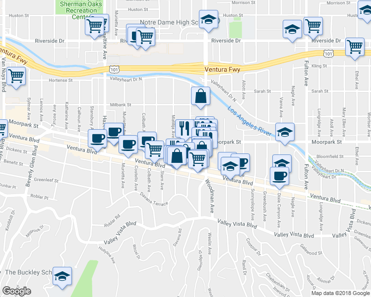 map of restaurants, bars, coffee shops, grocery stores, and more near 4402 Mammoth Avenue in Los Angeles