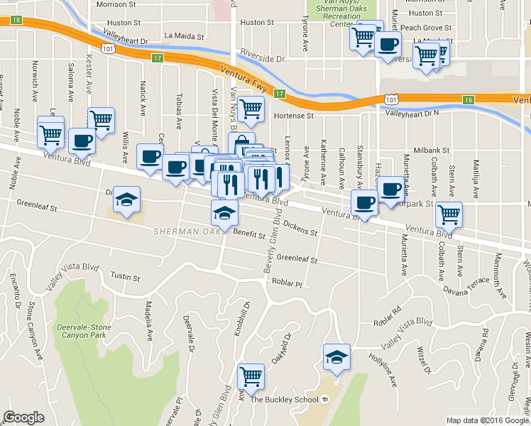 map of restaurants, bars, coffee shops, grocery stores, and more near 14446 Ventura Boulevard in Los Angeles