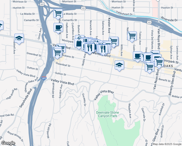 map of restaurants, bars, coffee shops, grocery stores, and more near 15029 Greenleaf Street in Los Angeles