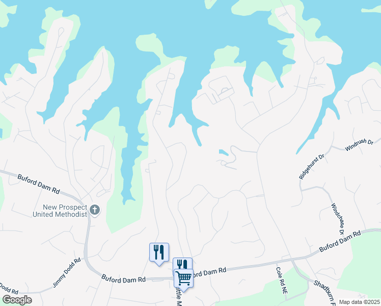 map of restaurants, bars, coffee shops, grocery stores, and more near 5995 Lanier Heights Circle in Buford