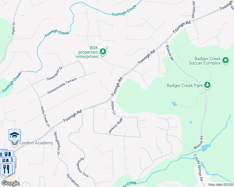 map of restaurants, bars, coffee shops, grocery stores, and more near 578 Toonigh Road in Woodstock