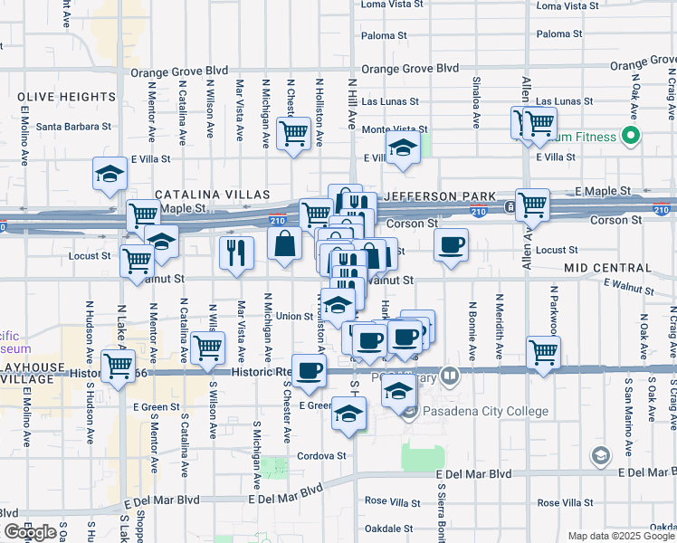 map of restaurants, bars, coffee shops, grocery stores, and more near 1366 Locust Street in Pasadena