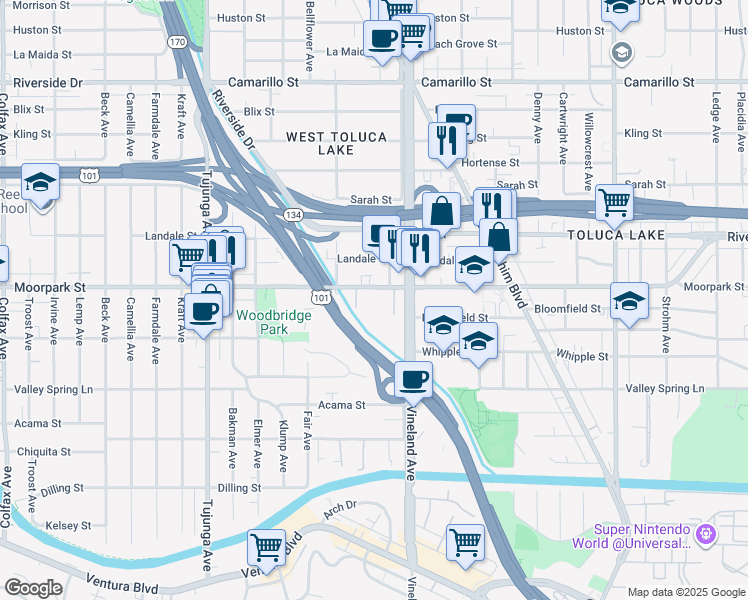 map of restaurants, bars, coffee shops, grocery stores, and more near 11036 Moorpark Street in Los Angeles