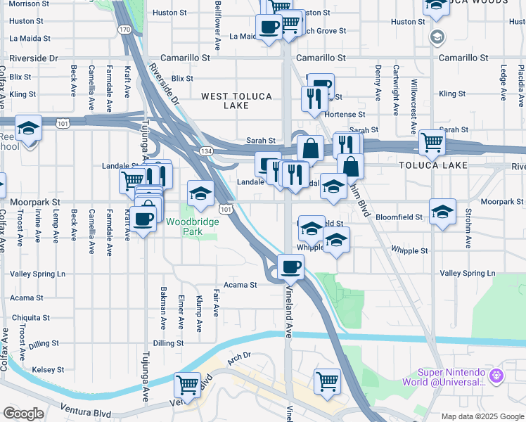 map of restaurants, bars, coffee shops, grocery stores, and more near 11036 Moorpark Street in Los Angeles