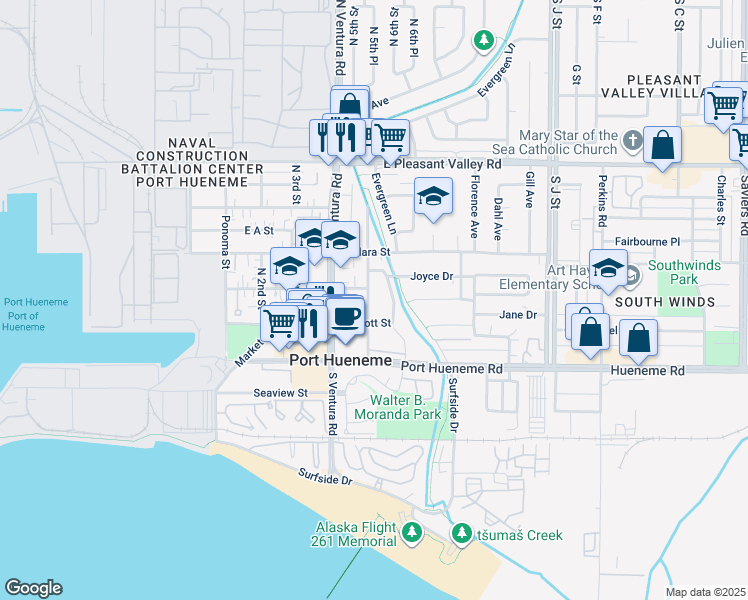 map of restaurants, bars, coffee shops, grocery stores, and more near 314 Willowbrook Drive in Port Hueneme