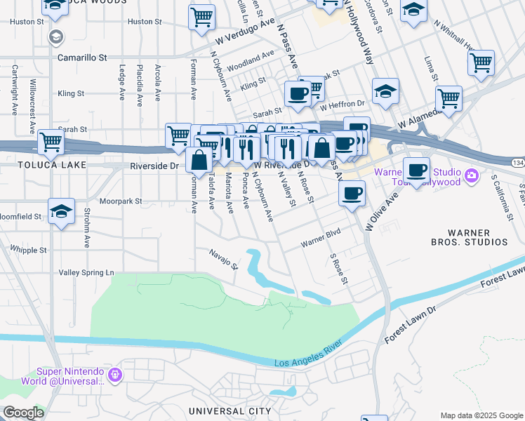 map of restaurants, bars, coffee shops, grocery stores, and more near 4359 Clybourn Avenue in Los Angeles