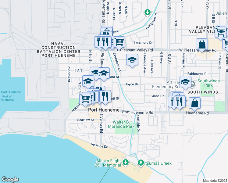 map of restaurants, bars, coffee shops, grocery stores, and more near 242 North 5th Street in Port Hueneme