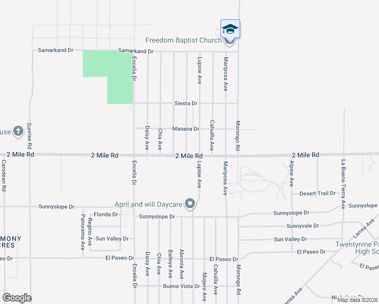 map of restaurants, bars, coffee shops, grocery stores, and more near 5689 Abronia Avenue in Twentynine Palms