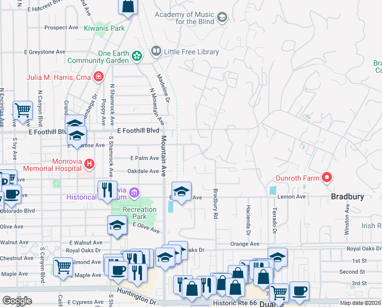 map of restaurants, bars, coffee shops, grocery stores, and more near 1017 Oakleaf Avenue East in Monrovia