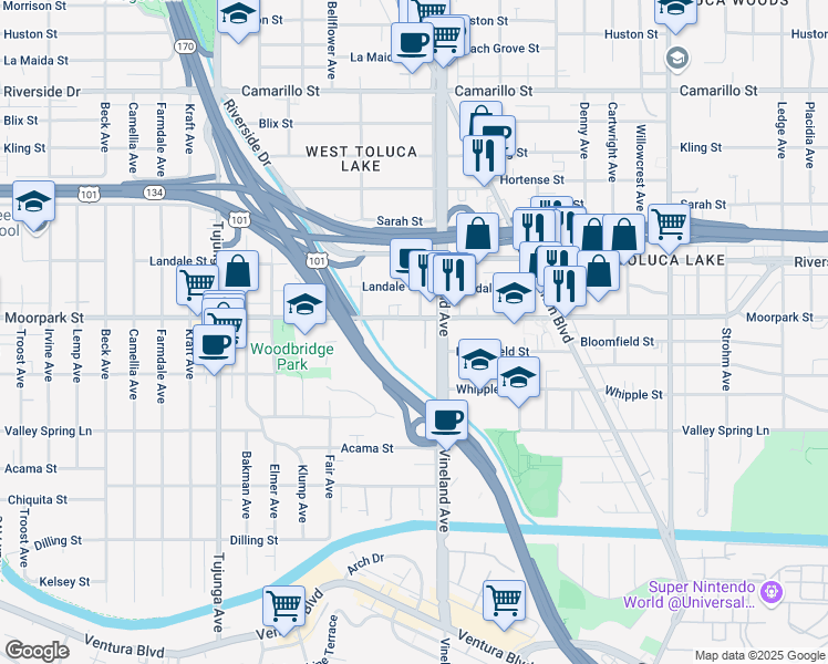 map of restaurants, bars, coffee shops, grocery stores, and more near 4404 Ensign Avenue in Los Angeles