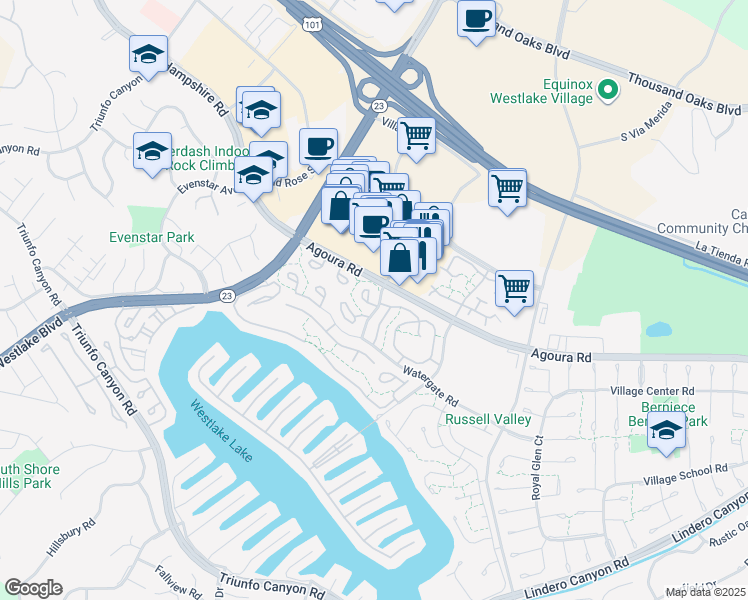 map of restaurants, bars, coffee shops, grocery stores, and more near in Thousand Oaks