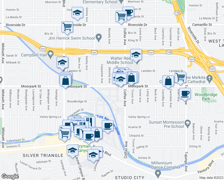 map of restaurants, bars, coffee shops, grocery stores, and more near 11732 Moorpark Street in Los Angeles