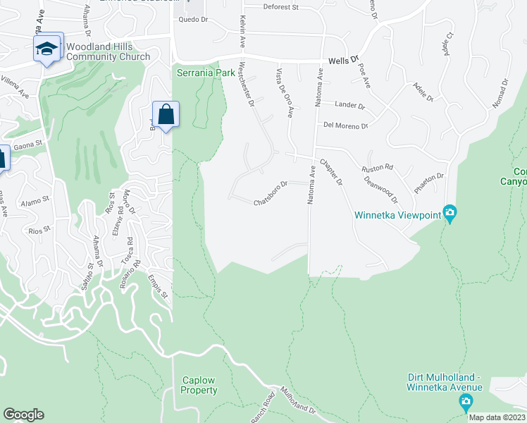 map of restaurants, bars, coffee shops, grocery stores, and more near 20620 Chatsboro Drive in Los Angeles