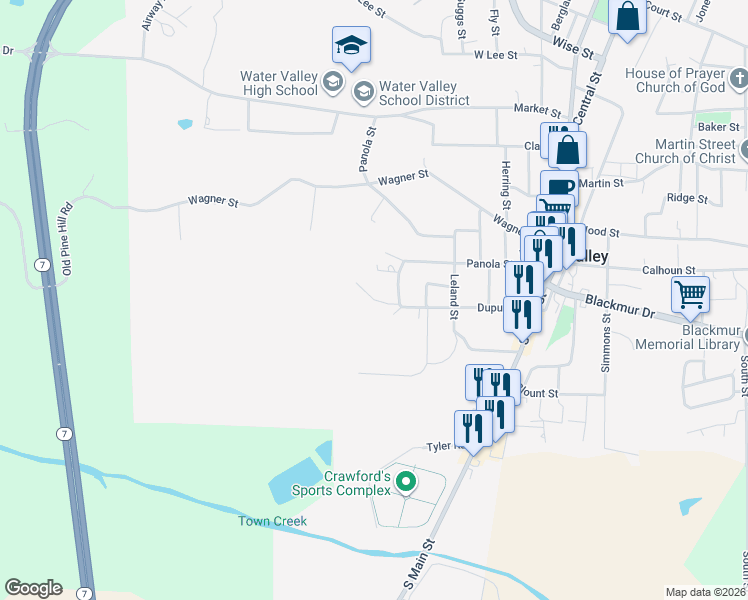 map of restaurants, bars, coffee shops, grocery stores, and more near Hazel Drive in Water Valley