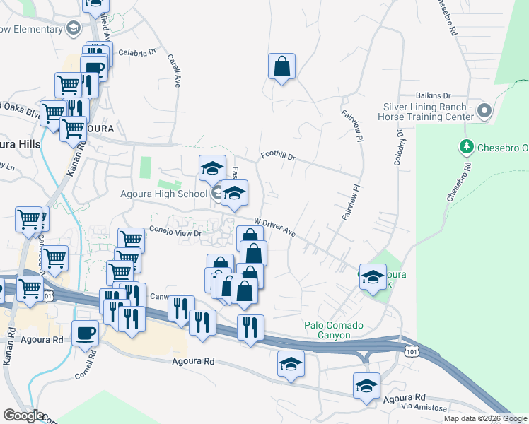 map of restaurants, bars, coffee shops, grocery stores, and more near 28461 West Driver Avenue in Agoura Hills