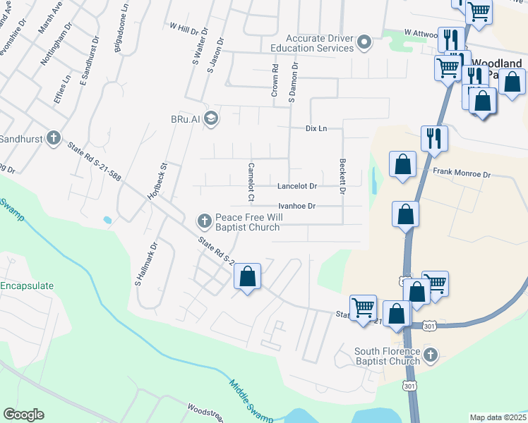 map of restaurants, bars, coffee shops, grocery stores, and more near 889 Ivanhoe Drive in Florence