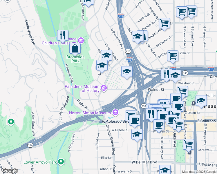 map of restaurants, bars, coffee shops, grocery stores, and more near 495 West Walnut Street in Pasadena