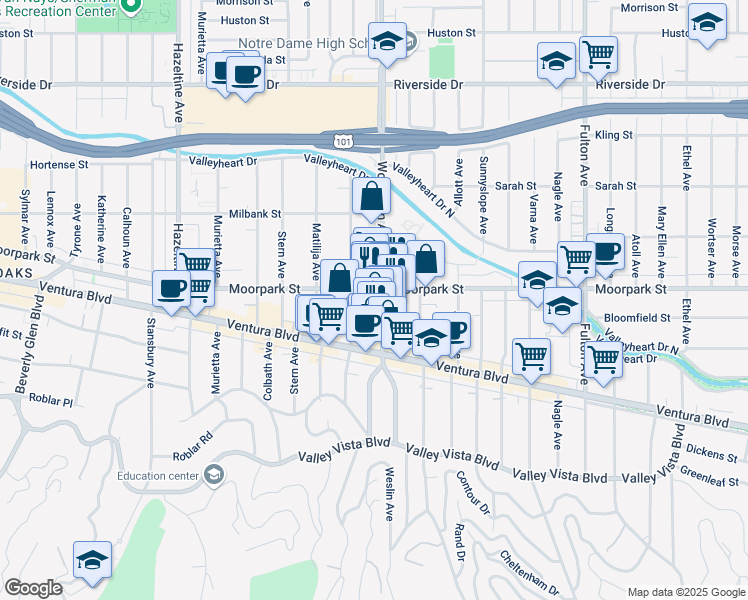 map of restaurants, bars, coffee shops, grocery stores, and more near 4356 Woodman Avenue in Los Angeles