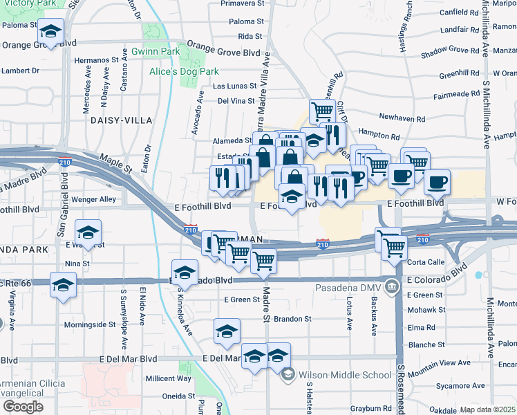 map of restaurants, bars, coffee shops, grocery stores, and more near 3333 East Foothill Boulevard in Pasadena