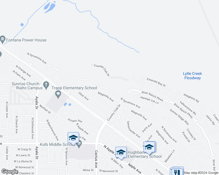 map of restaurants, bars, coffee shops, grocery stores, and more near 5723 North Sycamore Avenue in Rialto