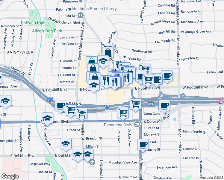map of restaurants, bars, coffee shops, grocery stores, and more near 3528 East Foothill Boulevard in Pasadena