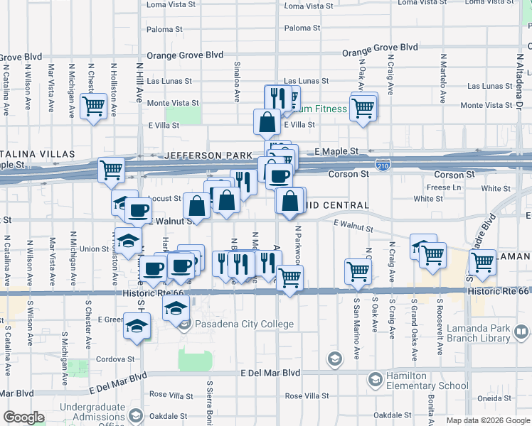map of restaurants, bars, coffee shops, grocery stores, and more near 1769 East Walnut Street in Pasadena
