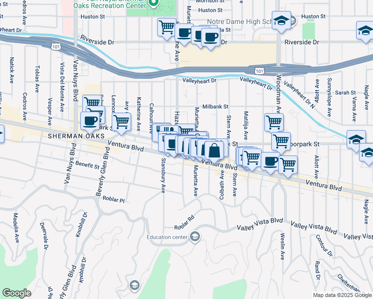map of restaurants, bars, coffee shops, grocery stores, and more near 14049 Ventura Boulevard in Los Angeles