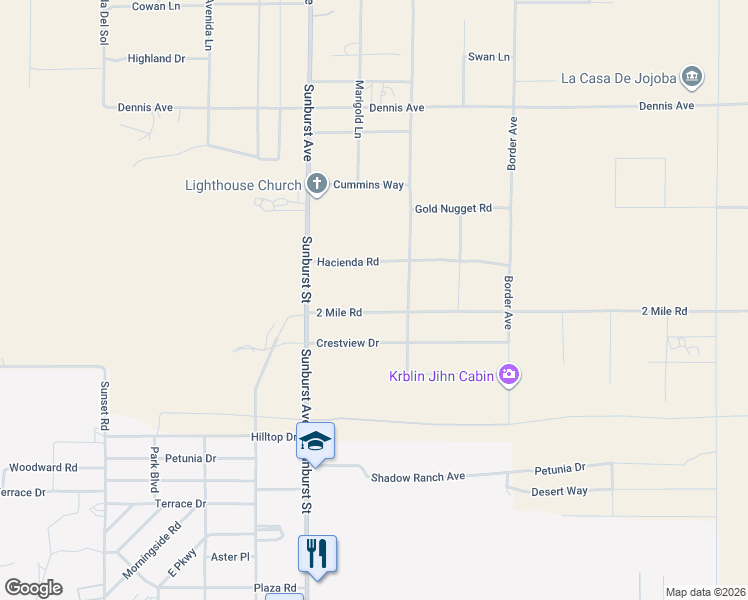 map of restaurants, bars, coffee shops, grocery stores, and more near 62251 Hacienda Road in Joshua Tree