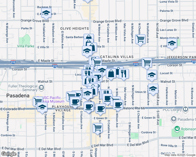 map of restaurants, bars, coffee shops, grocery stores, and more near 931 East Walnut Street in Pasadena
