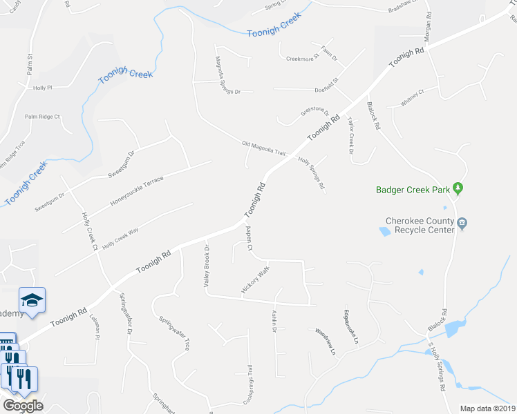 map of restaurants, bars, coffee shops, grocery stores, and more near 578 Toonigh Road in Woodstock