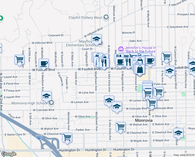 map of restaurants, bars, coffee shops, grocery stores, and more near 448 Linwood Avenue in Monrovia
