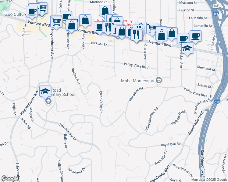 map of restaurants, bars, coffee shops, grocery stores, and more near 16110 Meadowview Drive in Los Angeles
